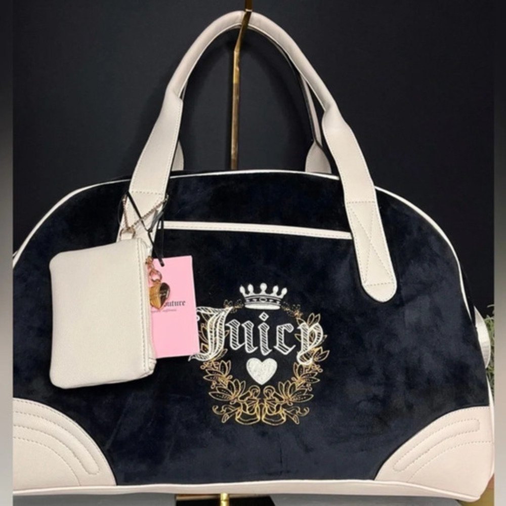 Juicy Couture Heritage Bowler Weekender Bag Black Velvet Crossbody Strap NWT